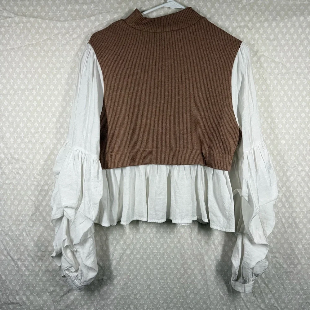 Anthropologie Tan White‎ Ribbed Puff Long Sleeve Top